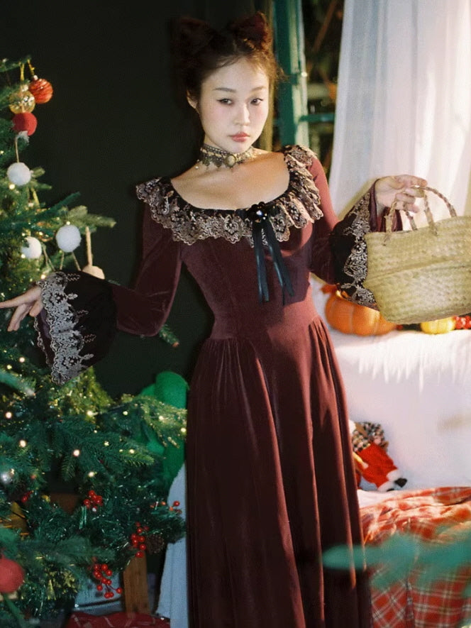burgundy velvet lace dress Embroidered Lace Burgundy Velvet Long Sleeve Dress