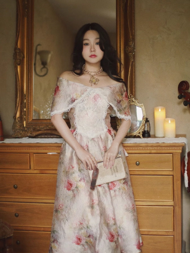 Floral Off-Shoulder Lace Dress Victorian Romance Aesthetic Outfit Floral Off-Shoulder Lace Dress Victorian Romance Aesthetic Outfit