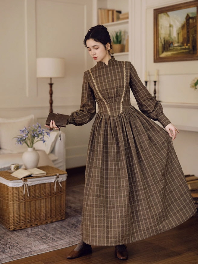 Brown Plaid High-Neck Lace Trim Cotton Dress - Victorian Outfit, Vintage Aesthetic Brown(Pre-Sale) / L Brown Plaid High-Neck Lace Trim Cotton Dress - Victorian Outfit, Vintage Aesthetic Brown(Pre-Sale) / L