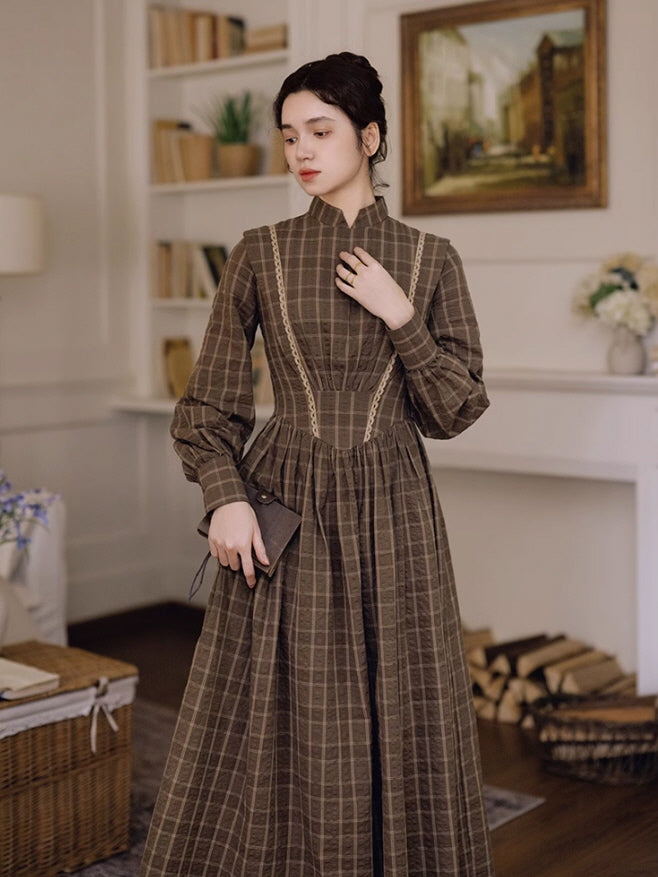 Victorian Plaid High-Neck Lace Trim Dress