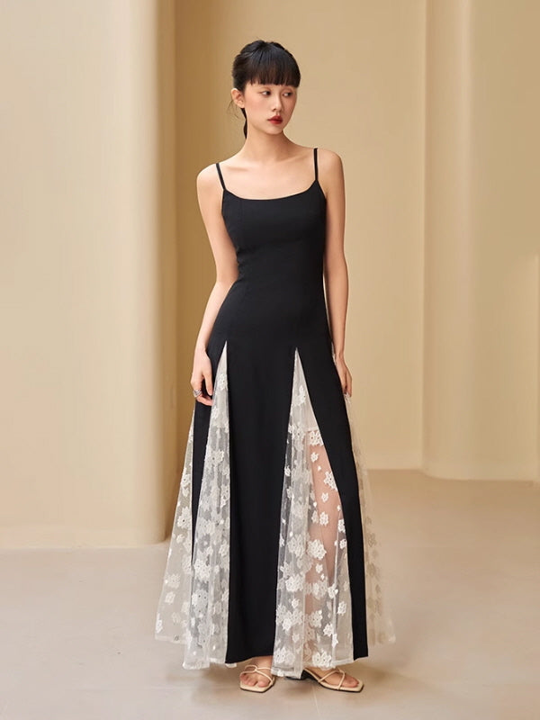 Black & White Lace Contrast Maxi Dress - Elegant Feminine Outfit, Romantic Aesthetic Black / M Black & White Lace Contrast Maxi Dress - Elegant Feminine Outfit, Romantic Aesthetic Black / M