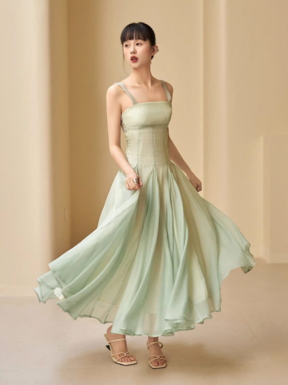 Moss Green Chiffon Flowing Maxi Dress - Feminine Ethereal Outfit, Dreamy Aesthetic Moss Green Chiffon Flowing Maxi Dress - Feminine Ethereal Outfit, Dreamy Aesthetic