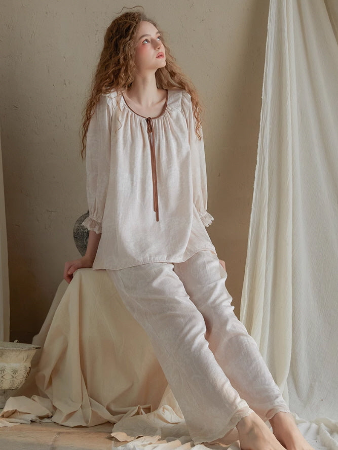 Vintage Ruffled Lace Trim Pajama Set