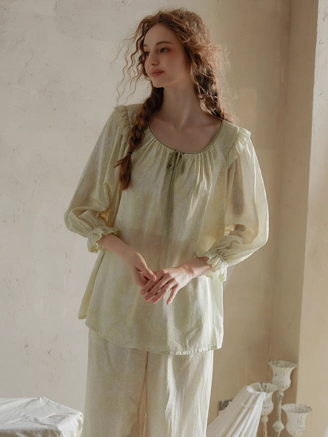 Vintage Ruffled Lace Trim Pajama Set