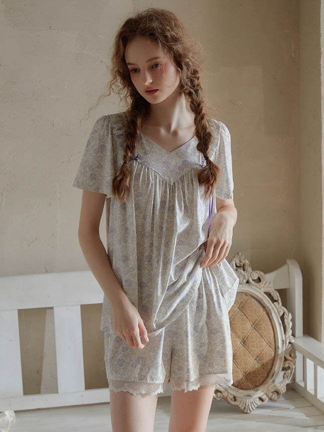 Romantic Floral Lace Ribbon Pajama Set