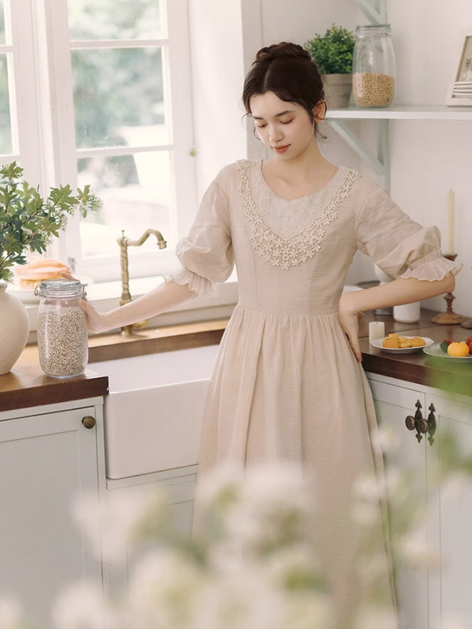 white christmas dresses Beige Cotton Pleated Waist Tie Mini Shirt Dress main image 1