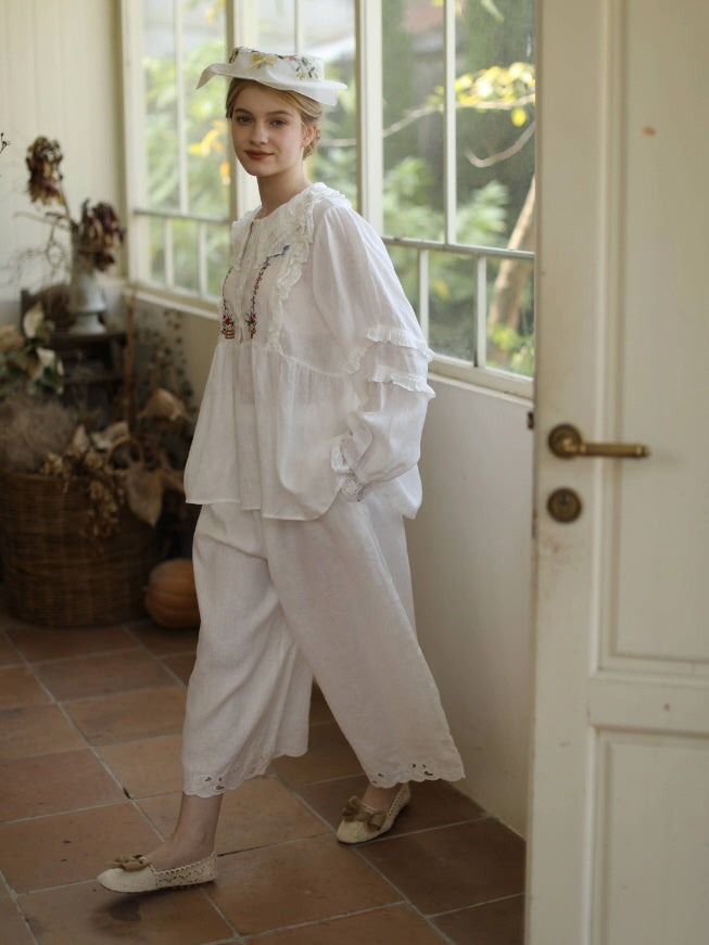 Flower Basket Embroidery Linen Blouse