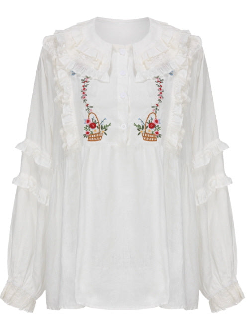Flower Basket Embroidery Linen Blouse