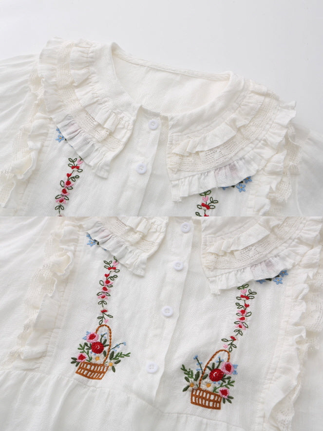 Flower Basket Embroidery Linen Blouse