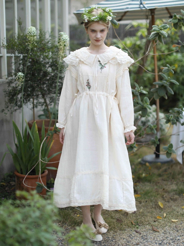 Embroidered Linen Dress with Peter Pan Collar – Mori Girl Cottagecore Outfit