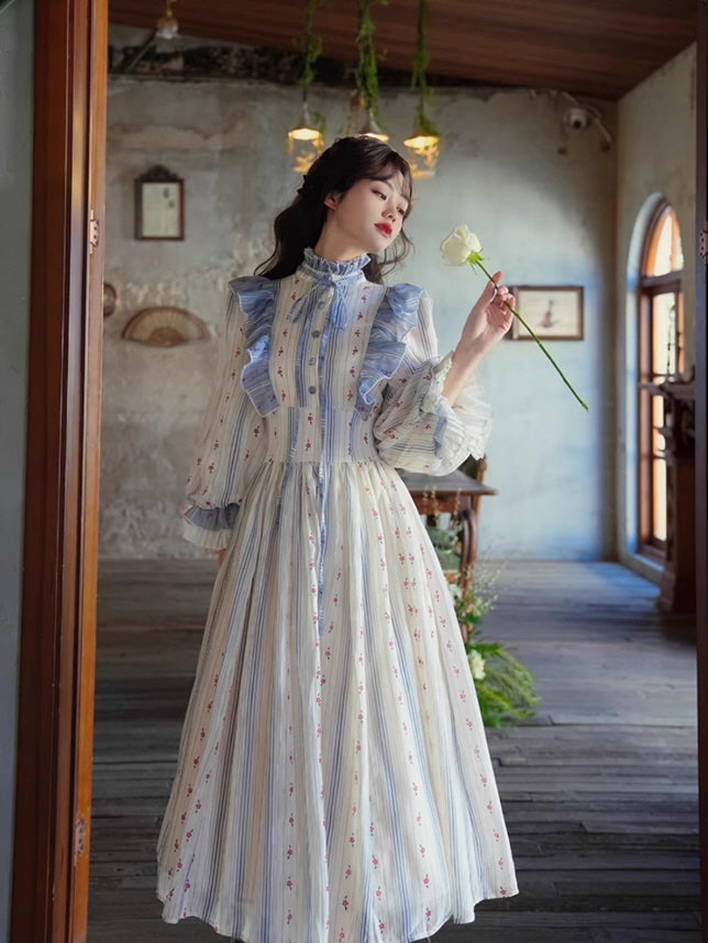 Woman in a fairytale vintage dress holding a white rose in an aesthetic fantasy setting.