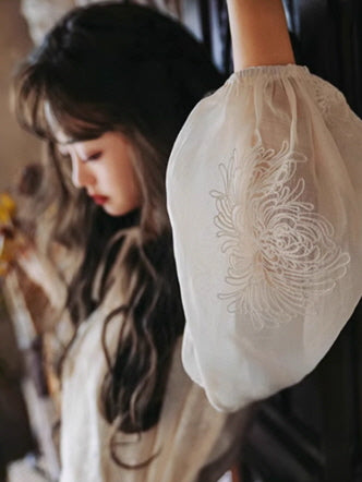 Close-up of a sheer puff sleeve with delicate floral embroidery, worn by a woman in a dreamy vintage dress.
