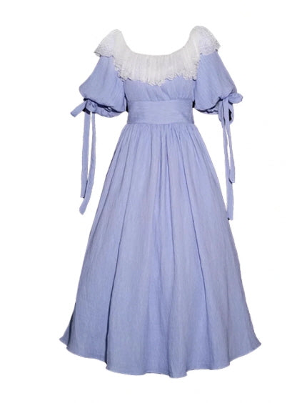 A vintage-inspired blue fairytale dress with white lace detailing and puffy sleeves, displayed flat to showcase its romantic and fantasy aesthetic.
