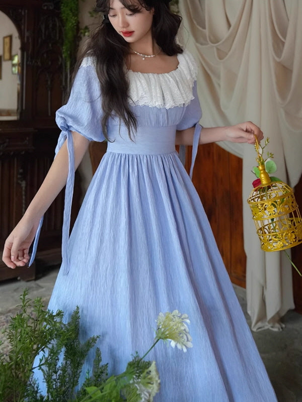 Soft Blue Lace Collar Puff Sleeve Dress Elegant Vintage Fairytale Look Soft Blue Lace Collar Puff Sleeve Dress Elegant Vintage Fairytale Look