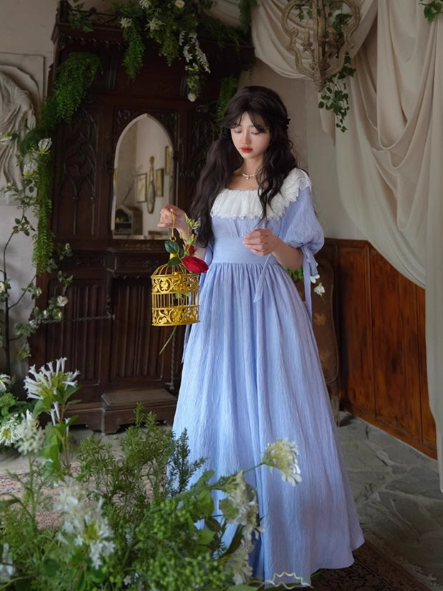 A fantasy blue dress with a vintage aesthetic, highlighted by delicate lace details and a flowing silhouette, captured in a lush, enchanted garden setting. Keywords: fairytale, dress, fantasy, vintage, aesthetic, outfit