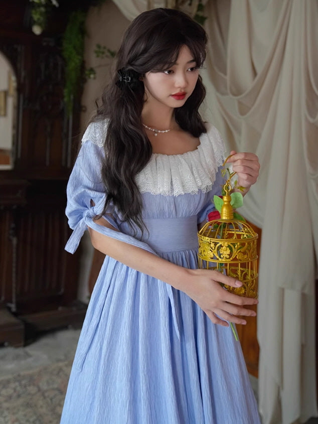 A fairytale-inspired blue vintage dress with white lace detailing, styled in a fantasy garden setting for a romantic aesthetic outfit.