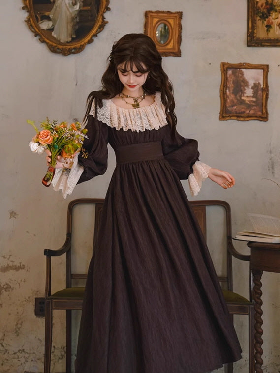 A fairytale-inspired vintage dress with a deep brown hue and romantic lace details, worn by a woman holding a bouquet, creating a dreamy fantasy aesthetic in an antique room setting.