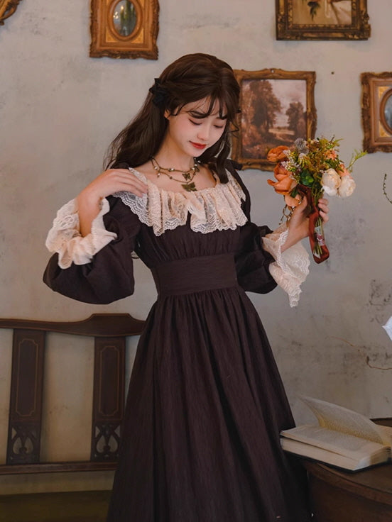 A fairytale-inspired vintage dress outfit featuring a model in a chocolate brown fantasy dress with ivory lace trim, posing gracefully with a bouquet of flowers in an antique room, aesthetic atmosphere.