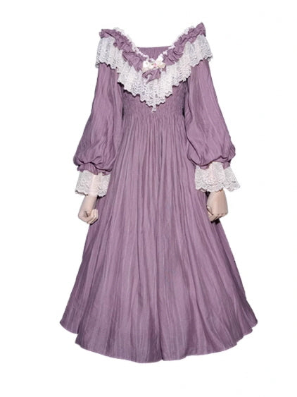 Fairytale aesthetic vintage dress in muted lavender, featuring layered cream lace ruffles and long balloon sleeves, evoking a soft fantasy outfits vibe.