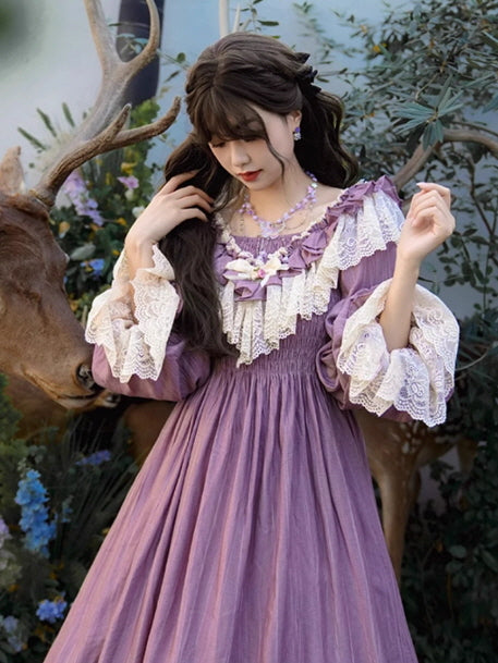 Fantasy-inspired vintage outfit with a purple smocked dress, ivory lace details, and voluminous sleeves, creating a dreamy fairytale atmosphere.