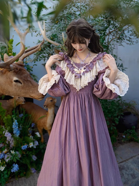 A fantasy aesthetic scene featuring a young woman in a purple vintage dress with intricate lace decorations, gently adjusting the neckline while standing among deer and blooming flowers. Fairytale, vintage, fantasy outfits