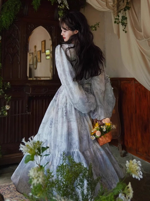 A romantic fairycore dress with delicate floral patterns and a soft, cascading skirt, styled with a woven basket of flowers for a fairytale look.