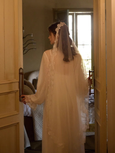 A romantic silhouette captured from behind as the model gently opens vintage doors, wearing a sheer lace-trimmed gown that flows with soft elegance.