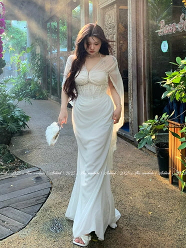 Ethereal White Lace Drape Corset Gown