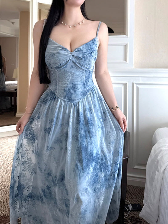 Moonlit Garden Blue Sheer Floral Dress