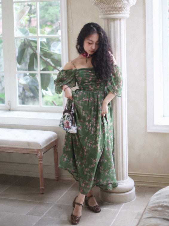 Enchanted Garden Green Floral Fairycore Dress | Cottagecore Princess Style L