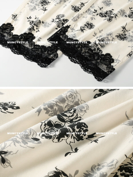 Black Rose Lace Trim Pajama Set