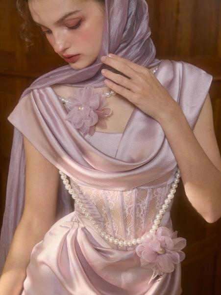 Fairytale Pearl Blossom Satin Dress – Lacemade Romantic Princesscore Outfit Pink(Pre-Sale 25days) / Xs