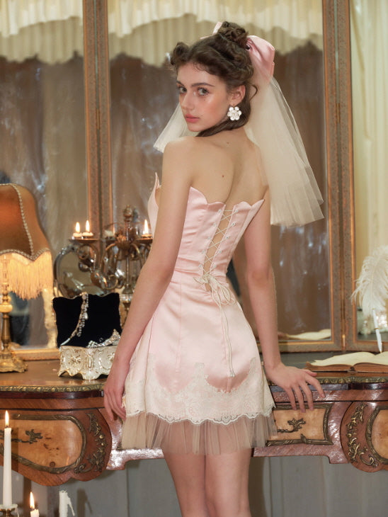 Blush Satin Bow Lace Mini Dress