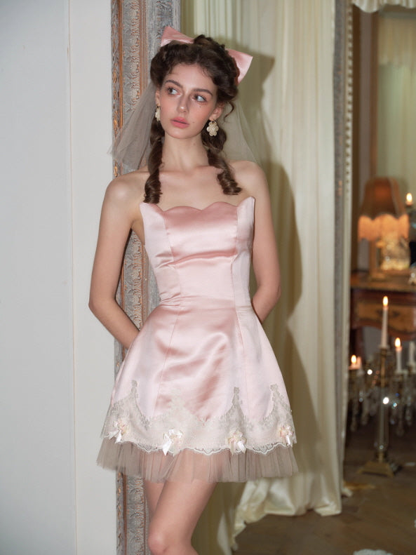 Blush Satin Bow Lace Mini Dress
