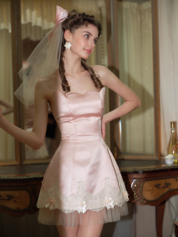 Blush Satin Lace Mini Dress - LACEMADE Bow Detail Princesscore Outfit Blush Satin Lace Mini Dress - LACEMADE Bow Detail Princesscore Outfit