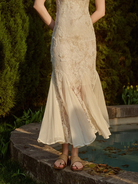 Butterfly Queen Gold Embroidered Lace Dress