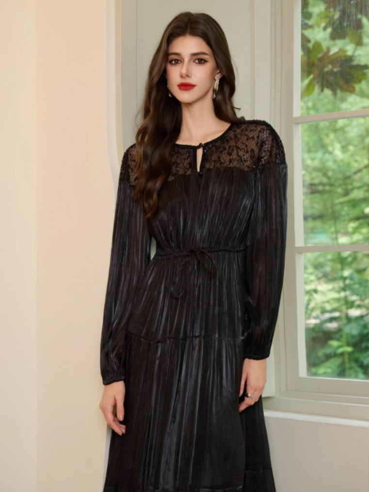 Romantic Lace Bodice Pleated Dress