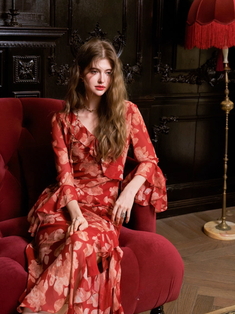 Scarlet Floral Ruffle Chiffon Dress
