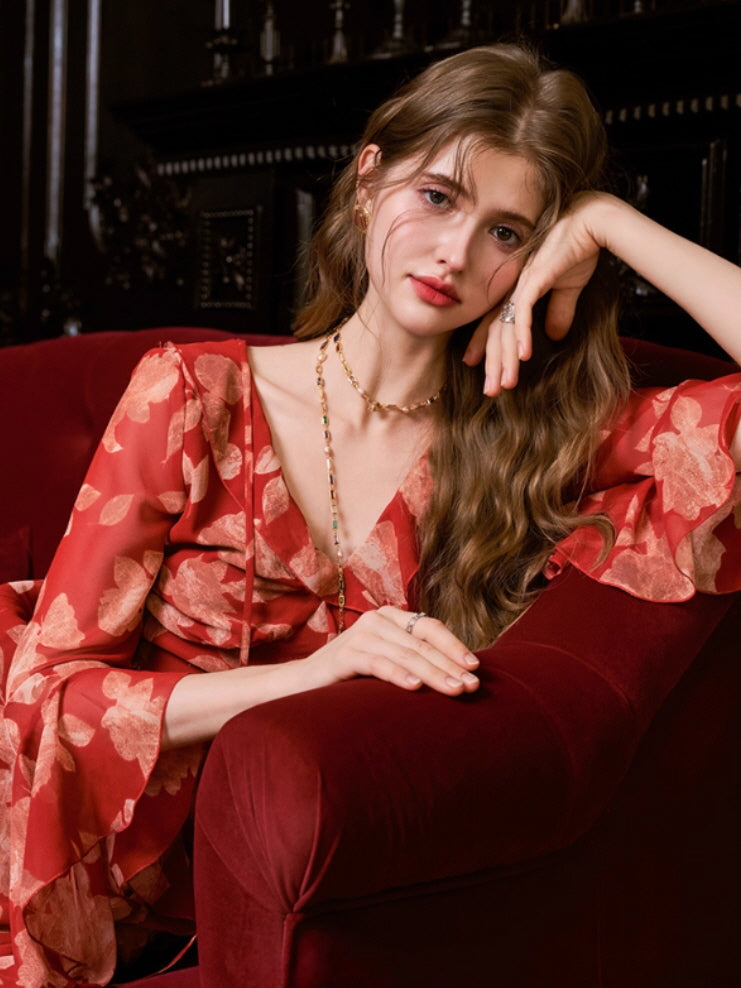 Scarlet Bloom Ruffle Chiffon Dress