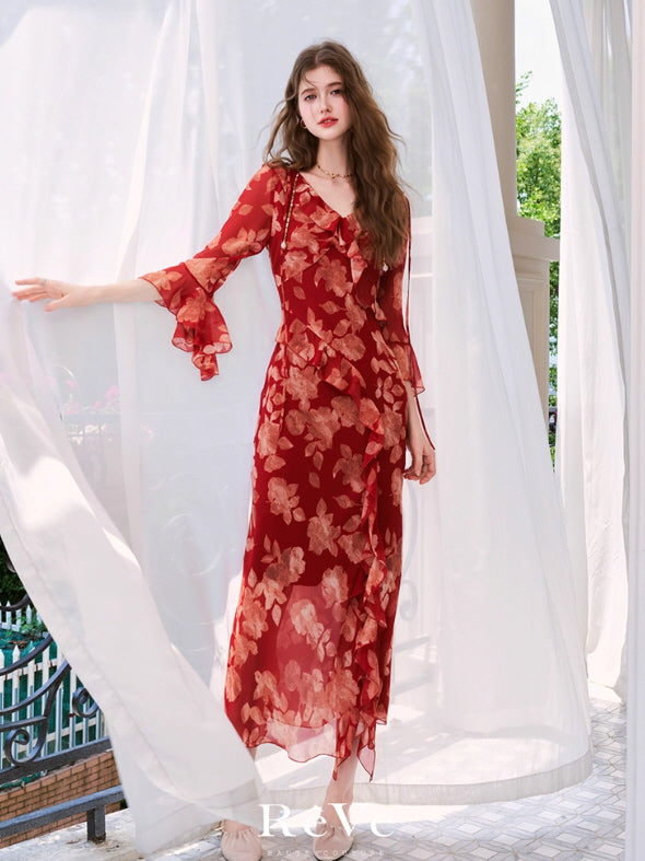 Scarlet Bloom Ruffle Chiffon Dress