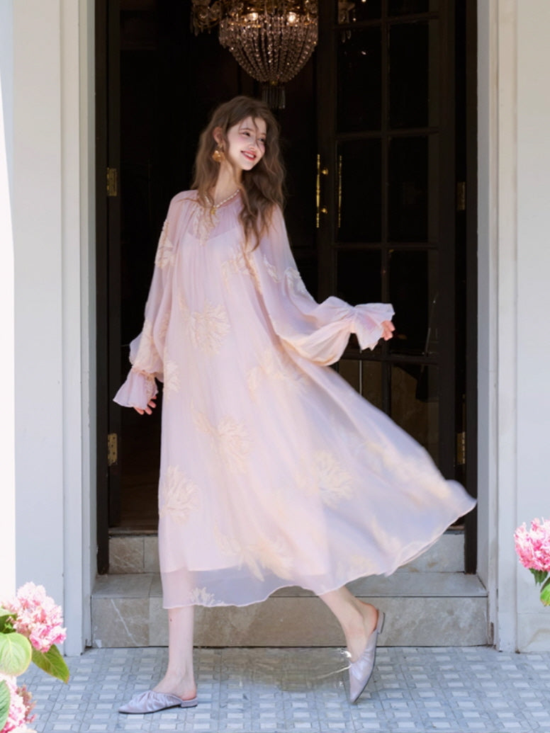 Blush Petal Embroidered Chiffon Dress