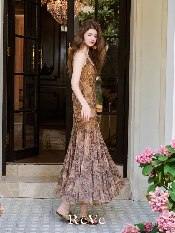 Autumn Vintage Floral Brown Maxi Dress