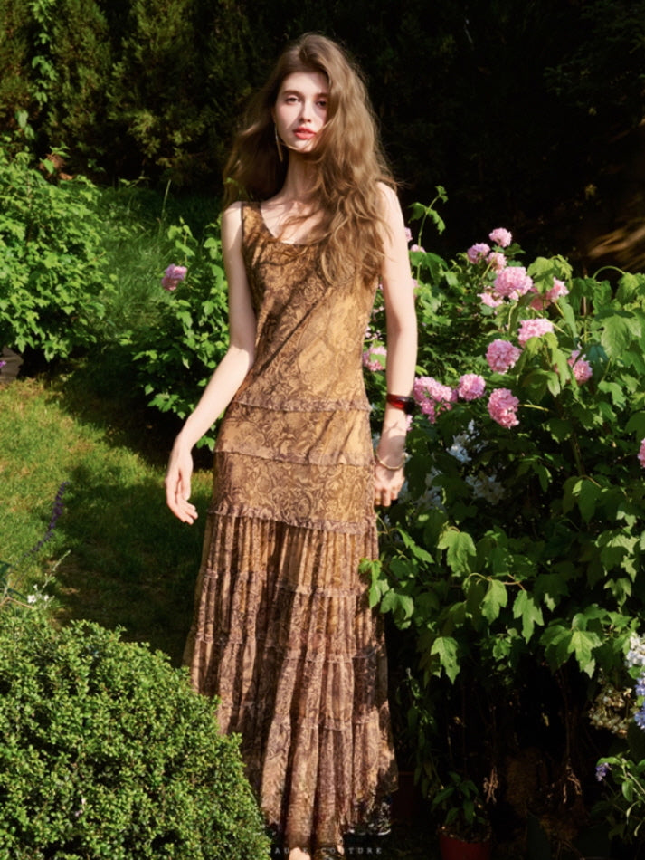 Autumn Vintage Floral Brown Maxi Dress