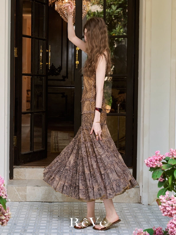 Autumn Vintage Floral Brown Maxi Dress
