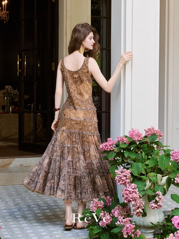 Autumn Vintage Floral Brown Maxi Dress
