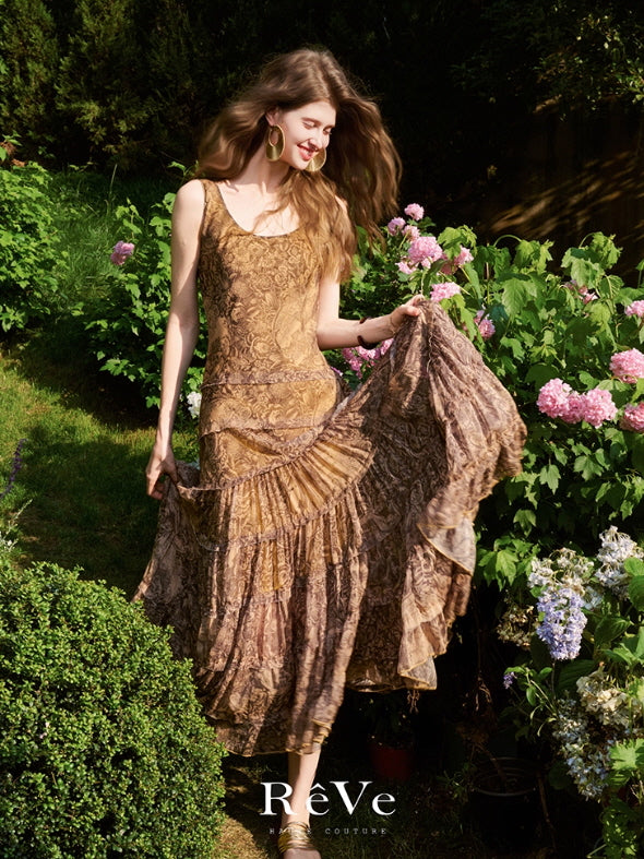 Autumn Vintage Floral Brown Maxi Dress