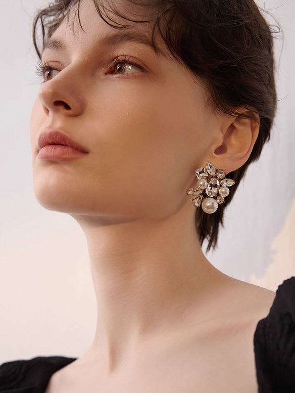 Crystal Pearl Cluster Vintage Earrings