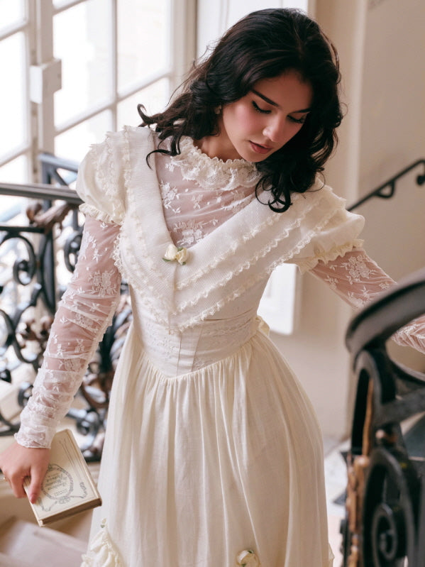 Vintage Cream Lace Ruffle Dress