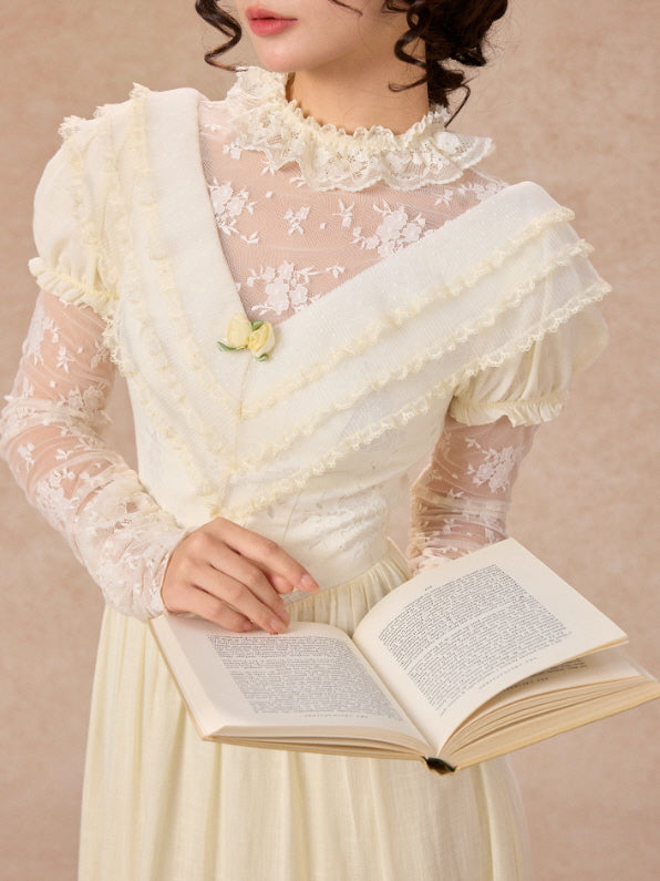 Vintage Cream Lace Ruffle Dress