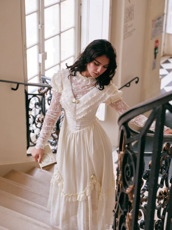 Vintage Cream Lace Ruffle Dress